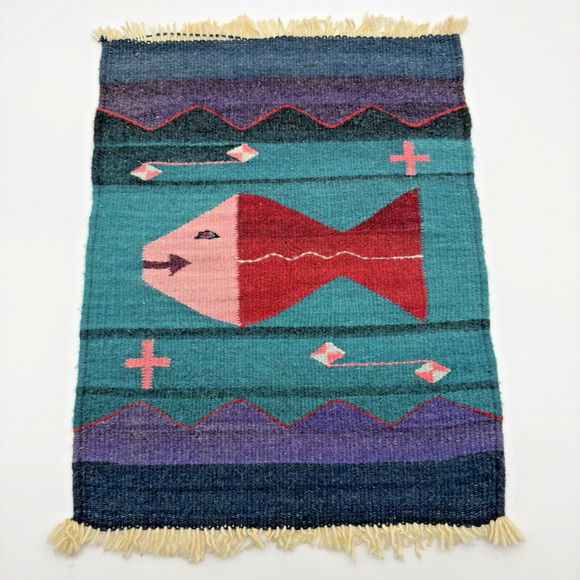 Vintage | Art | Vtg Zapotec Oaxacan Fringed Wool Rug Fish Stories Wall ...